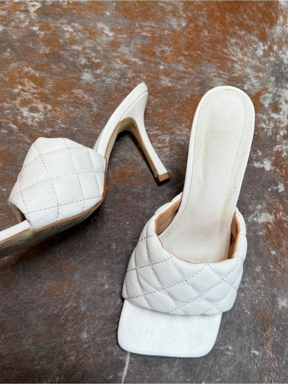 White Quilted Slide Heels - Women's Fashion Mule